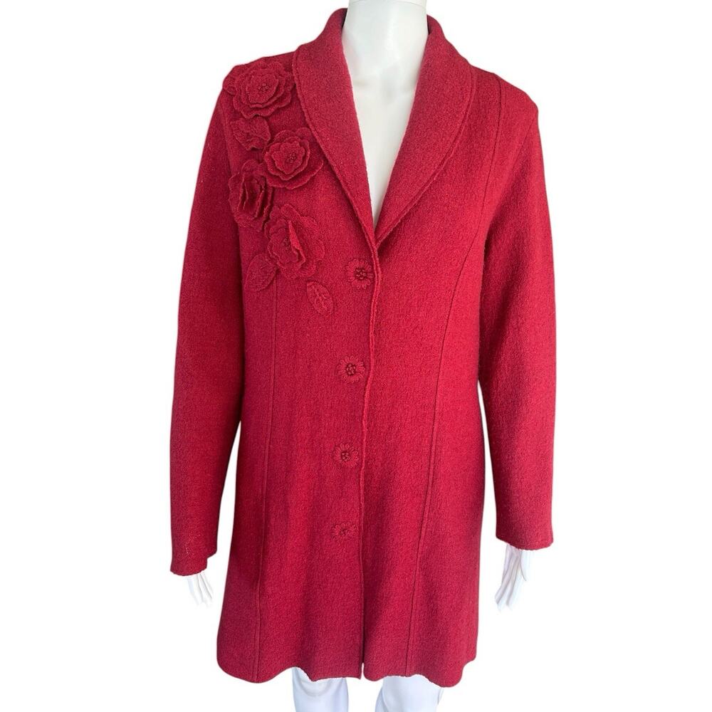 Orvis Wool Coat Womens M Red Floral Applique Boiled Wool Long Jacket Artsy